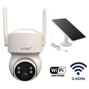 Cámara IP solar NTSE NT-TQS1 de 4 MP con lente única PTZ, carcasa blanca y panel solar incluido